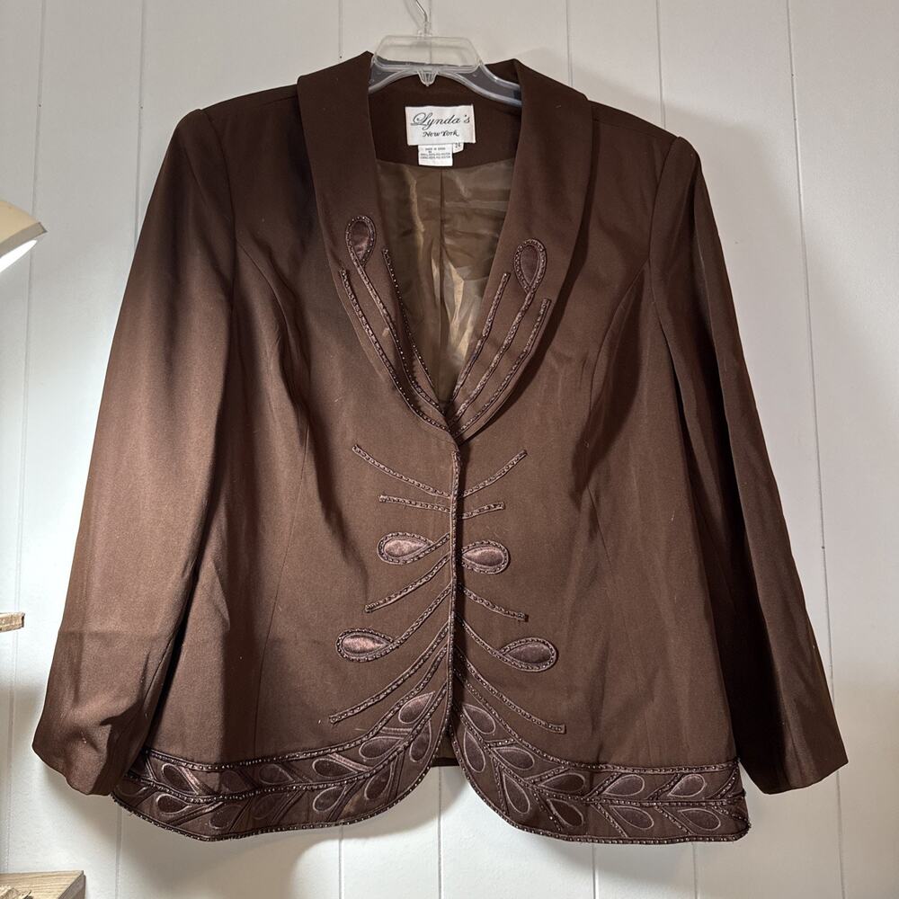 Lynda's NY 24W Brown Suit Blazer Jacket Skirt Formal Office Beaded Vintage V6